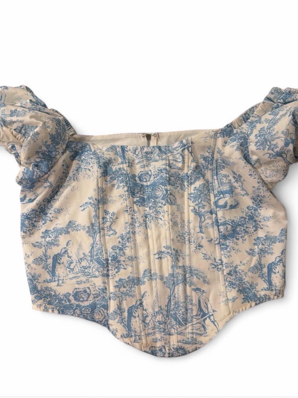 Fashion Nova Blue Toile Puff-Sleeve Corset Crop Top